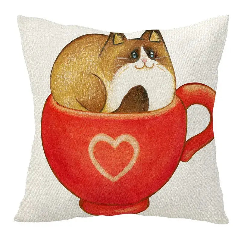 Cartoon cat linen pillowcase red teacup design living room cushion