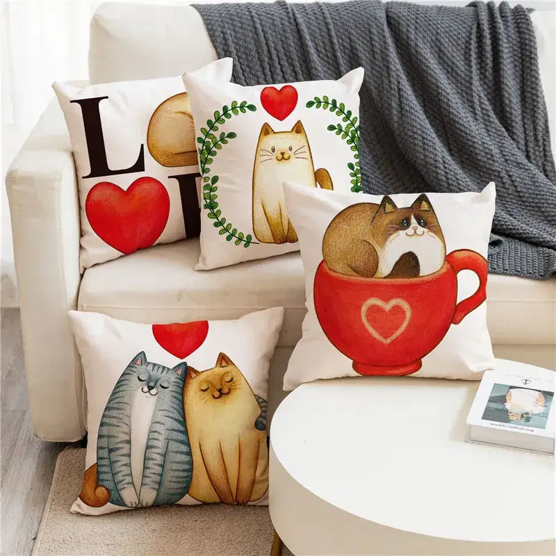 Cartoon cat linen pillowcase red teacup design living room cushion