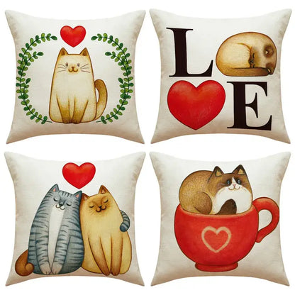 Cartoon cat linen pillowcase red teacup design living room cushion