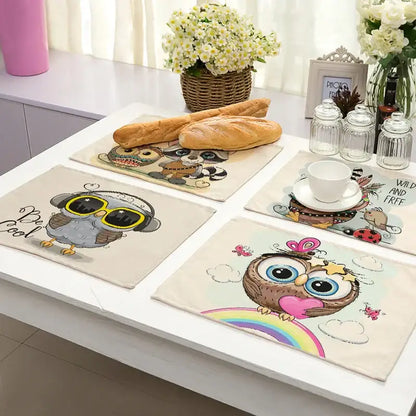 Cartoon cute owl animal dining table placemats set of 6 kitchen mats