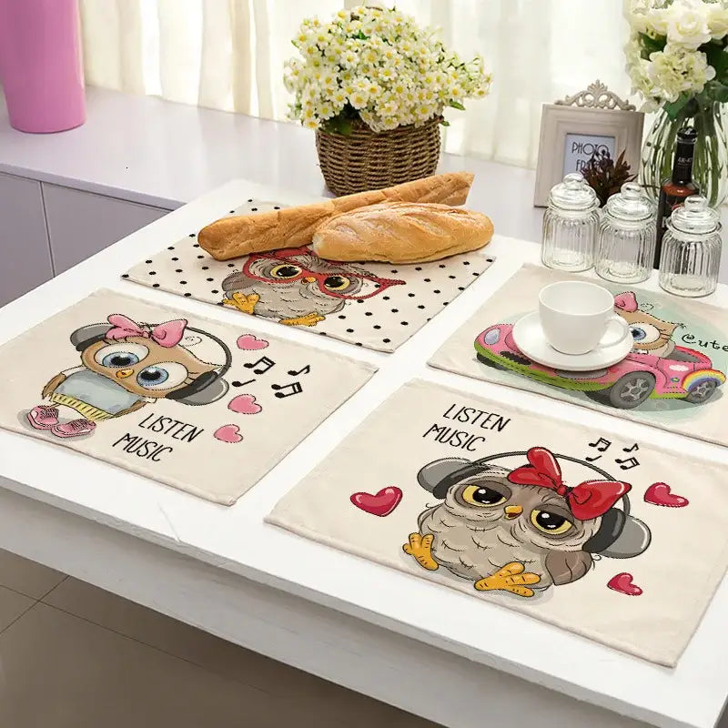 Cartoon cute owl animal dining table placemats set of 6 kitchen mats