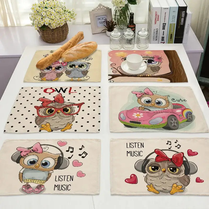Cartoon cute owl animal dining table placemats set of 6 kitchen mats