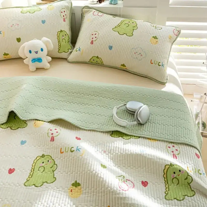 Cartoon dinosaur green quilted bed cover set bedroom cotton mat
