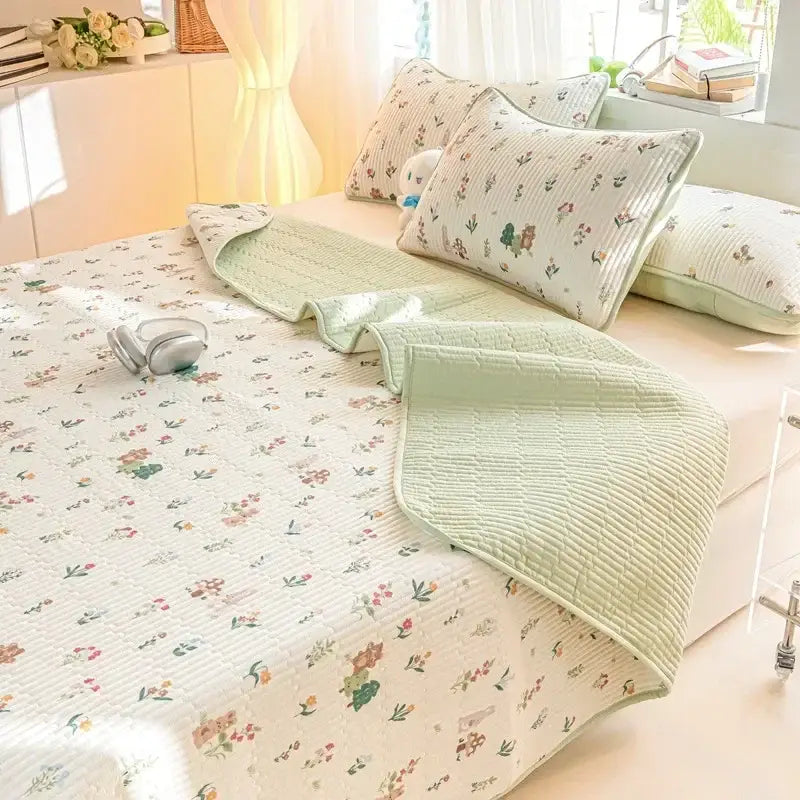 Cartoon dinosaur green quilted bed cover set bedroom cotton mat
