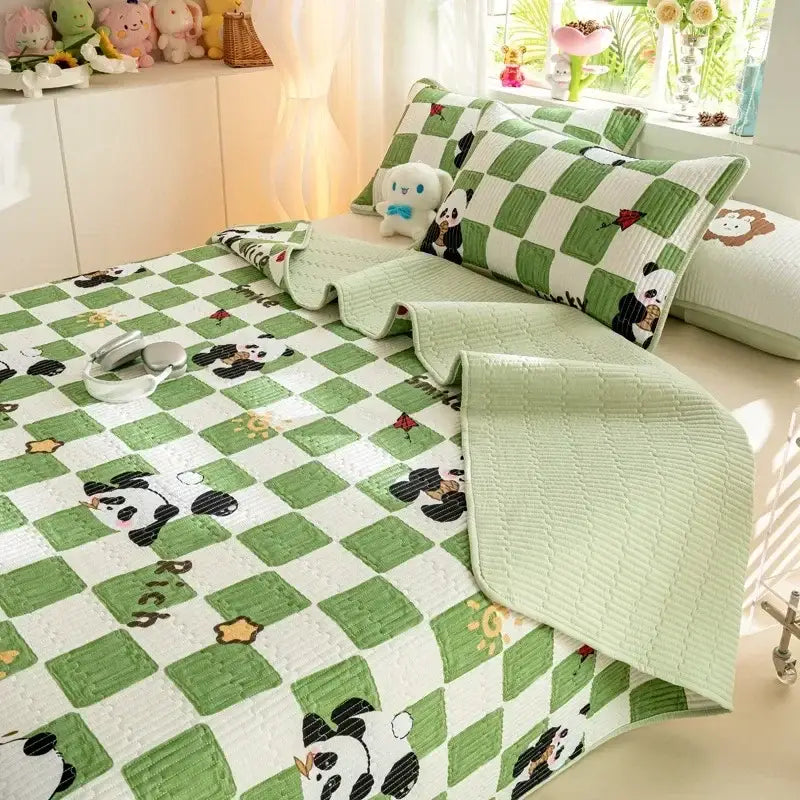 Cartoon dinosaur green quilted bed cover set bedroom cotton mat