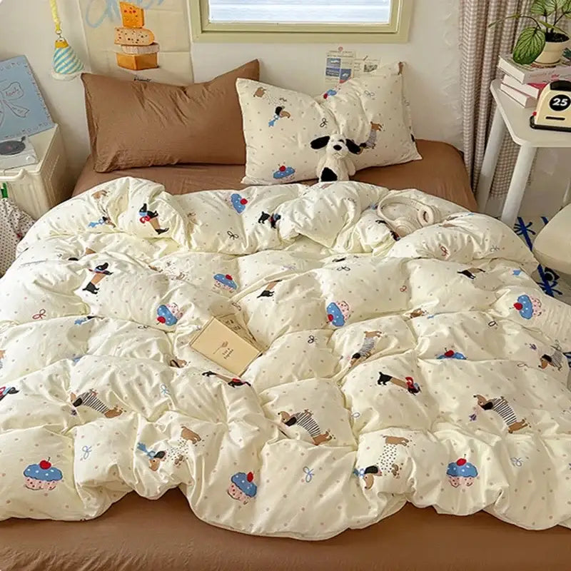 Cartoon dog and cupcake cream cotton fitted sheet set bedroom bedding