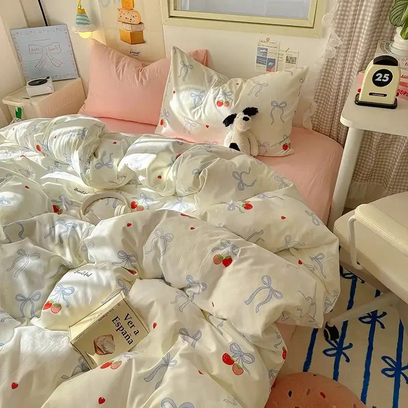 Cartoon dog and cupcake cream cotton fitted sheet set bedroom bedding