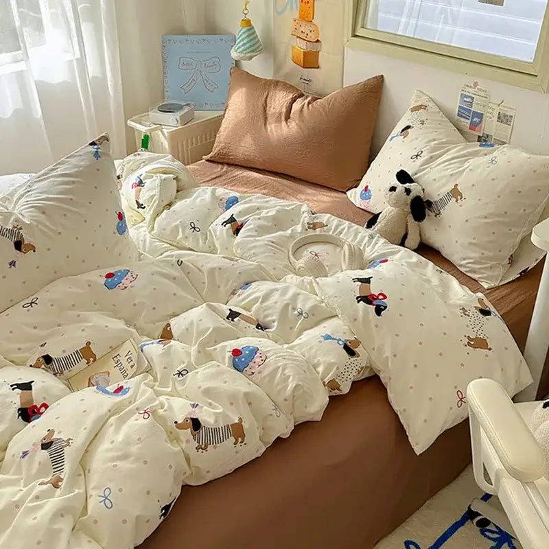 Cartoon dog and cupcake cream cotton fitted sheet set bedroom bedding