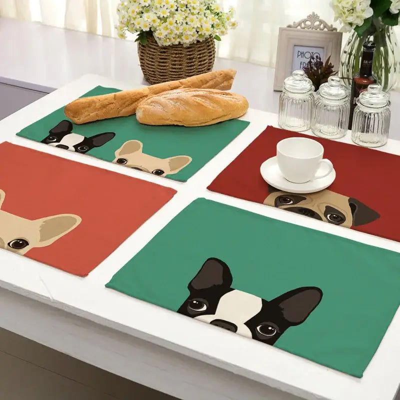 Cartoon dog pattern cotton linen table mats dining room set of 4
