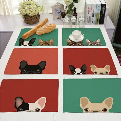 Cartoon dog pattern cotton linen table mats dining room set of 4