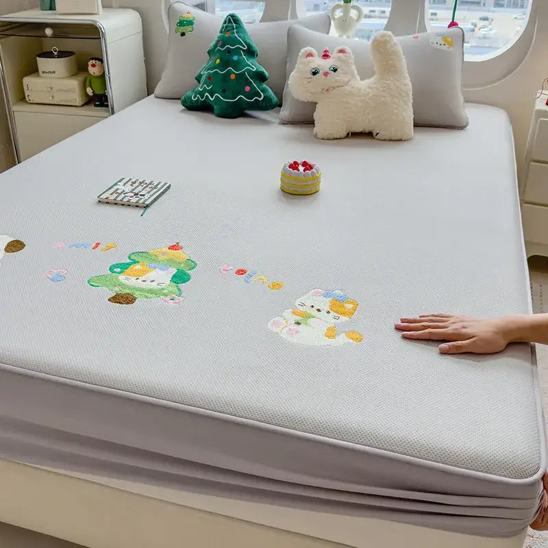 Cartoon embroidered fitted sheet light gray bedroom mattress pad