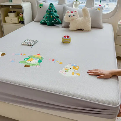 Cartoon embroidered fitted sheet light gray bedroom mattress pad