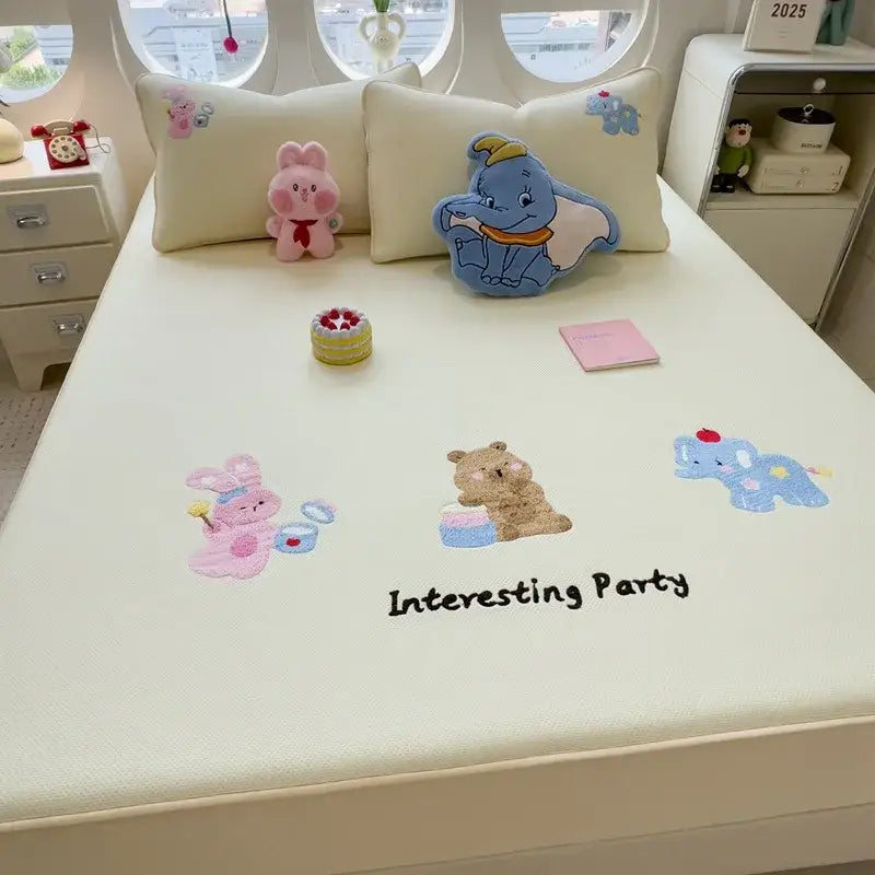 Cartoon embroidered fitted sheet light gray bedroom mattress pad