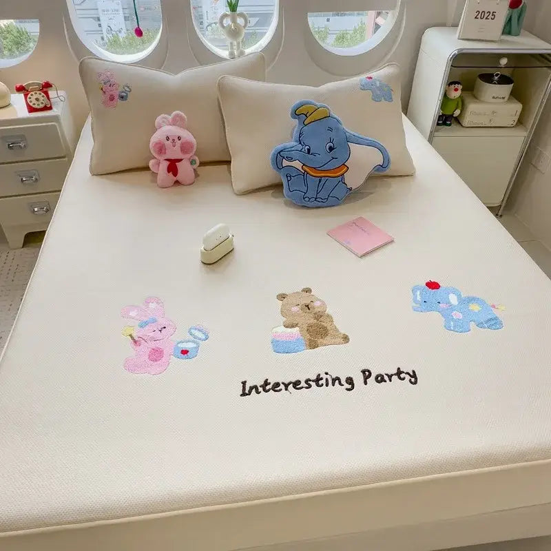 Cartoon embroidered fitted sheet light gray bedroom mattress pad