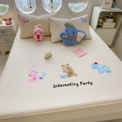 Cartoon embroidered fitted sheet light gray bedroom mattress pad