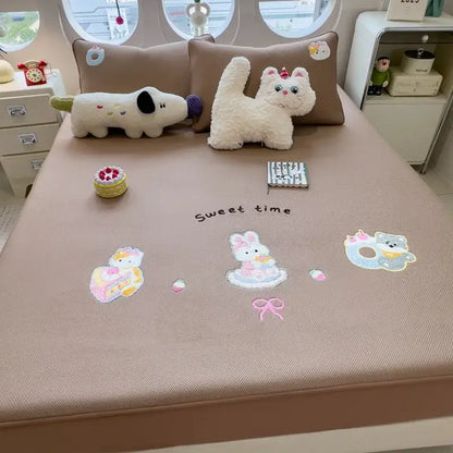 Cartoon embroidered fitted sheet light gray bedroom mattress pad