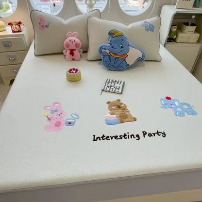 Cartoon embroidered fitted sheet light gray bedroom mattress pad