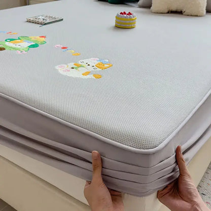 Cartoon embroidered fitted sheet light gray bedroom mattress pad