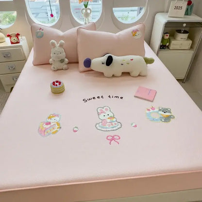 Cartoon embroidered fitted sheet light gray bedroom mattress pad