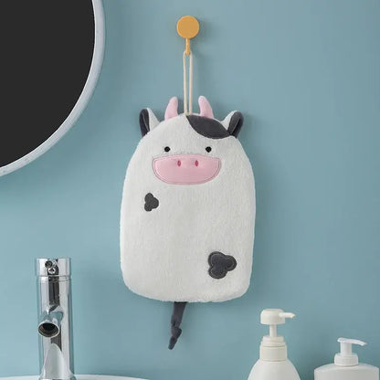 Cartoon embroidery hanging cow hand towel pink & gray kitchen mitt