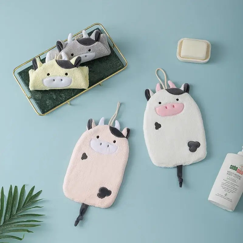 Cartoon embroidery hanging cow hand towel pink & gray kitchen mitt