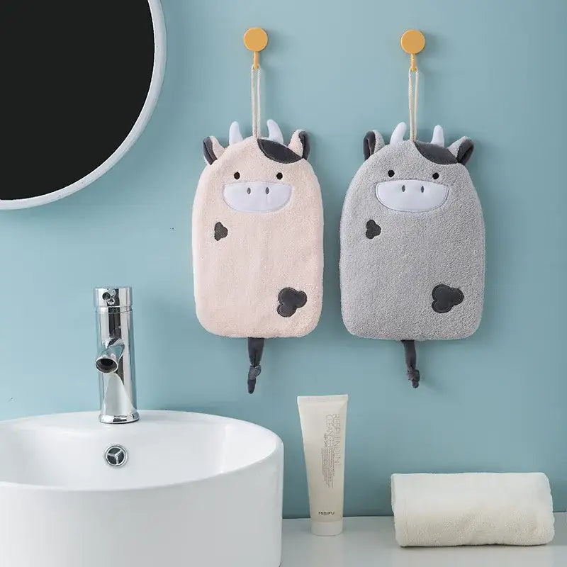 Cartoon embroidery hanging cow hand towel pink & gray kitchen mitt