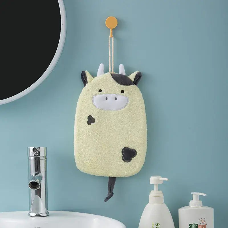 Cartoon embroidery hanging cow hand towel pink & gray kitchen mitt