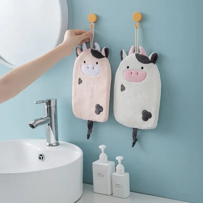 Cartoon embroidery hanging cow hand towel pink & gray kitchen mitt