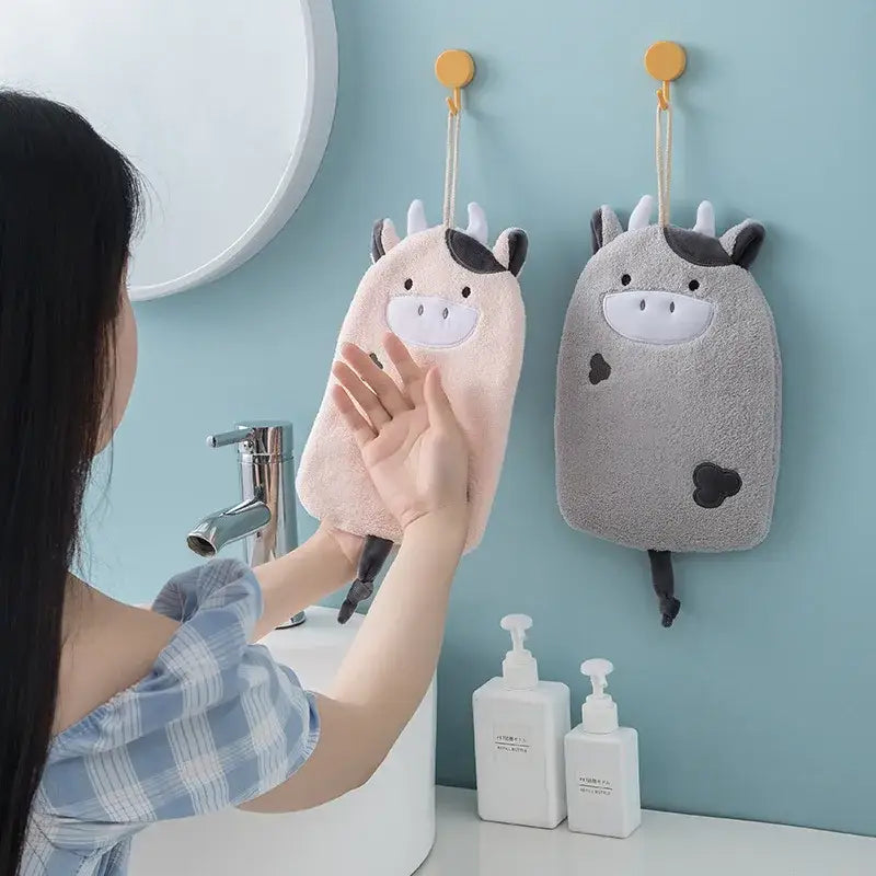 Cartoon embroidery hanging cow hand towel pink & gray kitchen mitt