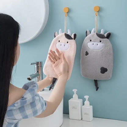 Cartoon embroidery hanging cow hand towel pink & gray kitchen mitt