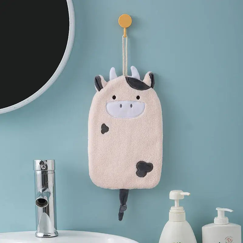 Cartoon embroidery hanging cow hand towel pink & gray kitchen mitt