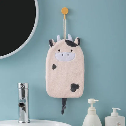 Cartoon embroidery hanging cow hand towel pink & gray kitchen mitt