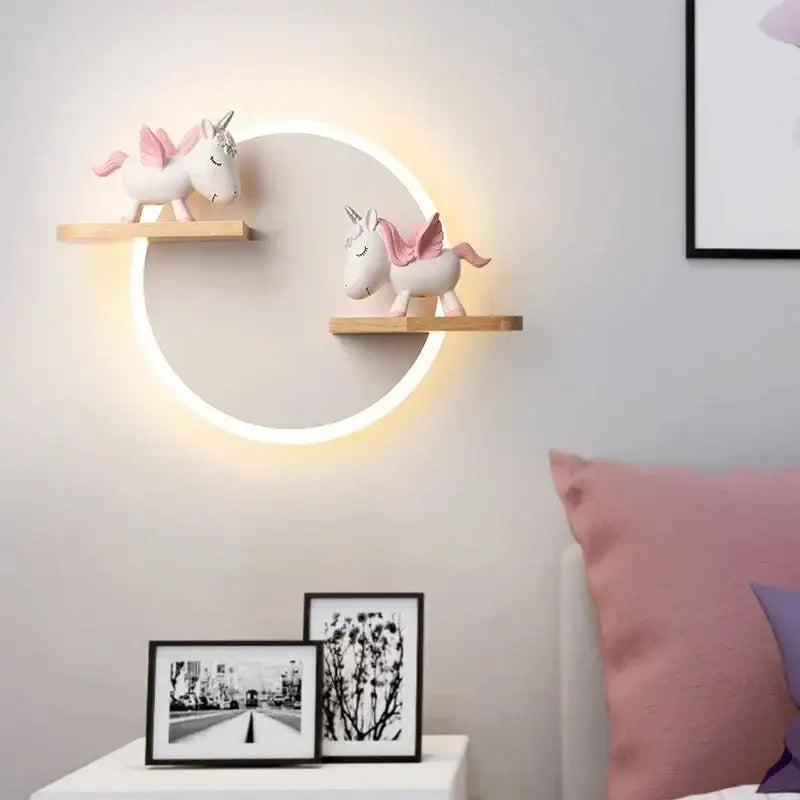 Cartoon figurine led wall lamp for bedroom with wooden shelf