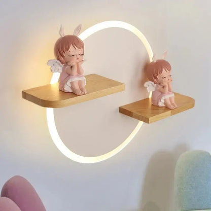 Cartoon figurine led wall lamp for bedroom with wooden shelf