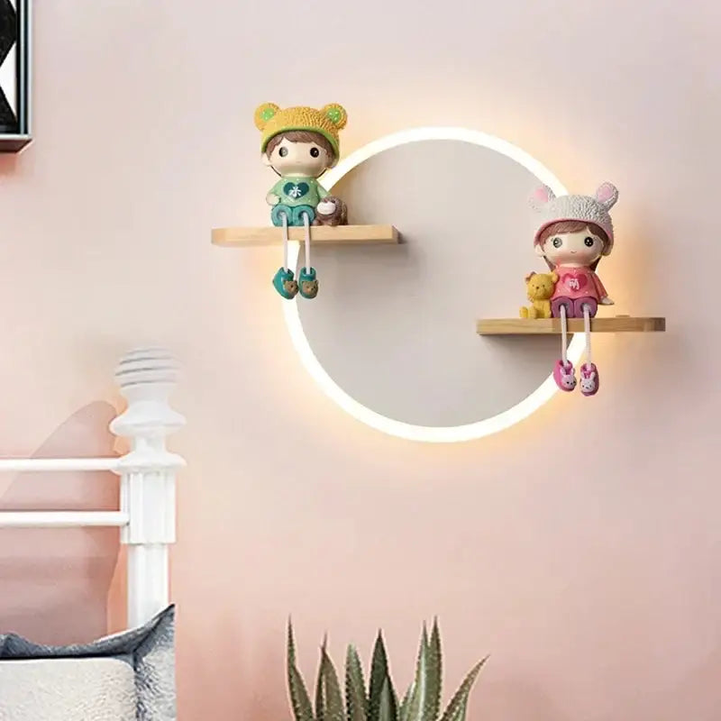 Cartoon figurine led wall lamp for bedroom with wooden shelf