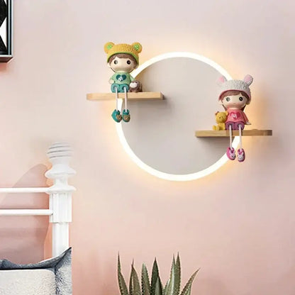 Cartoon figurine led wall lamp for bedroom with wooden shelf