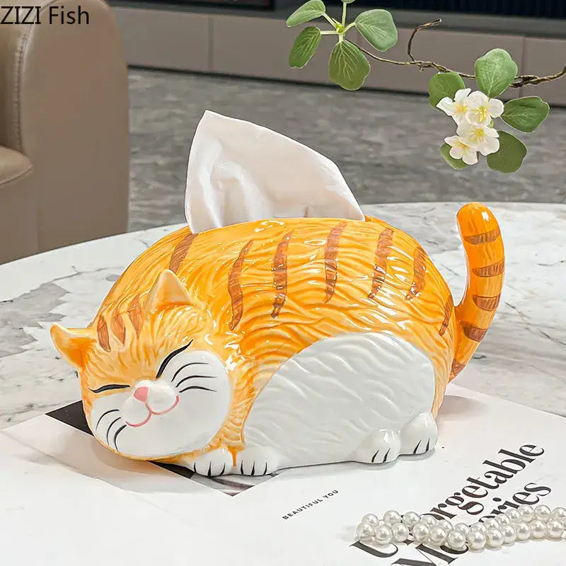 Cartoon ginger cat ceramic tissue box bedroom desk decor