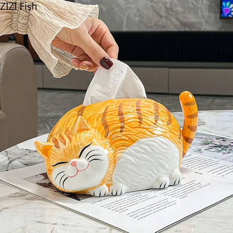Cartoon ginger cat ceramic tissue box bedroom desk decor