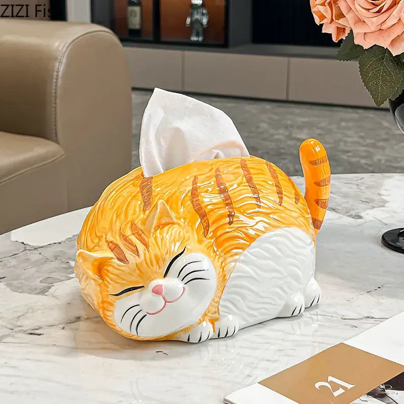 Cartoon ginger cat ceramic tissue box bedroom desk decor