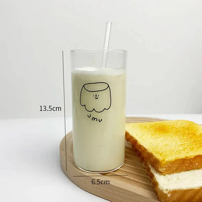 Cartoon glass cup with straw – kitchen marshmallow juice mug