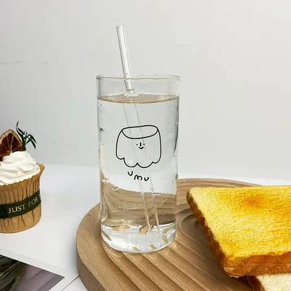 Cartoon glass cup with straw – kitchen marshmallow juice mug