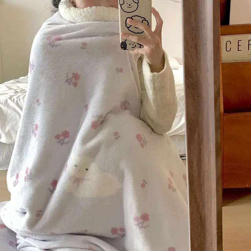 Cartoon lamb wool blanket pink floral bedroom sofa cover