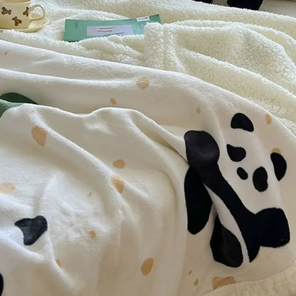 Cartoon lamb wool panda blanket cream & green bedroom throw