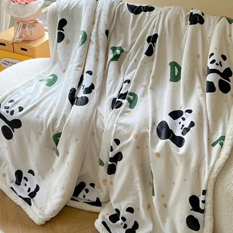 Cartoon lamb wool panda blanket cream & green bedroom throw