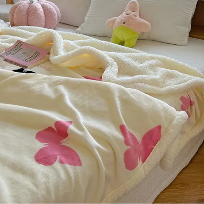 Cartoon lamb wool panda blanket cream & green bedroom throw