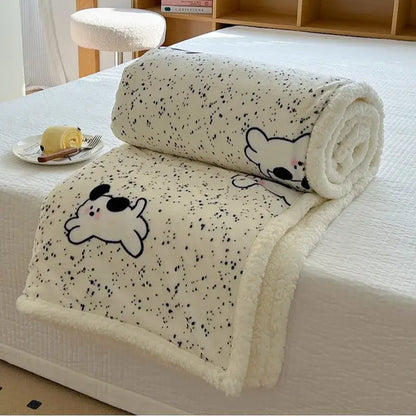 Cartoon lamb wool panda blanket cream & green bedroom throw