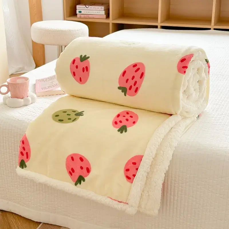 Cartoon lamb wool panda blanket cream & green bedroom throw