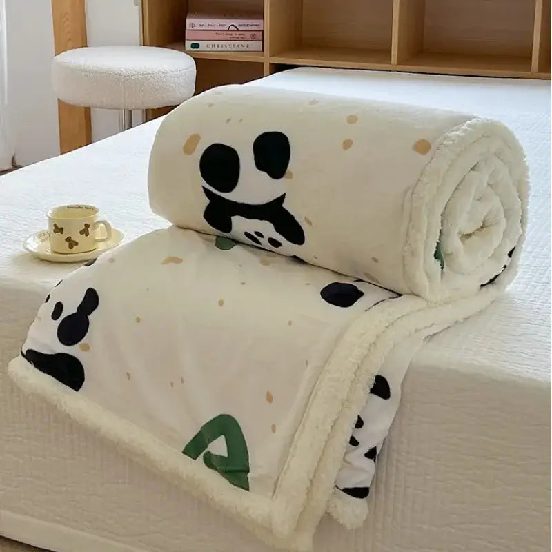 Cartoon lamb wool panda blanket cream & green bedroom throw