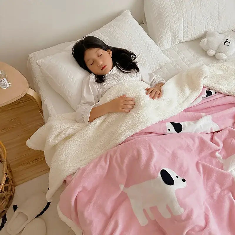 Cartoon lamb wool panda blanket cream & green bedroom throw