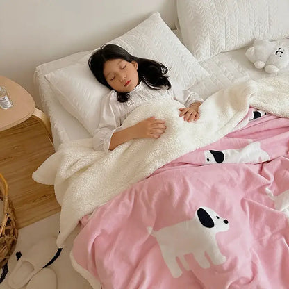 Cartoon lamb wool panda blanket cream & green bedroom throw